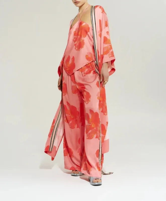 Peach Floral Wide-Leg Pants