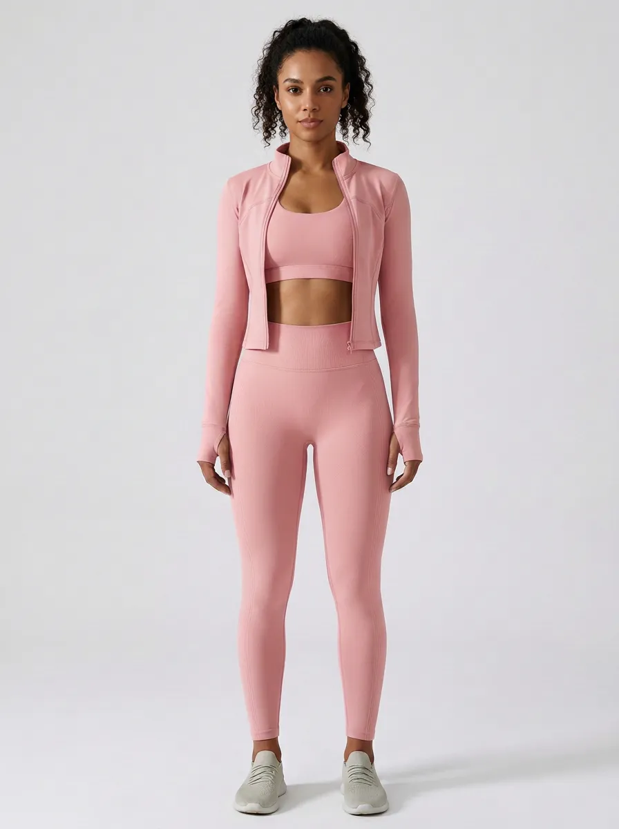 Urban Ribbed Texture Seamless Design Activewear Women's Three Piece Activewear Set