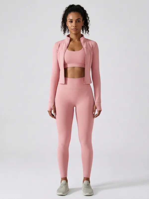 Urban Ribbed Texture Seamless Design Activewear Women's Three Piece Activewear Set