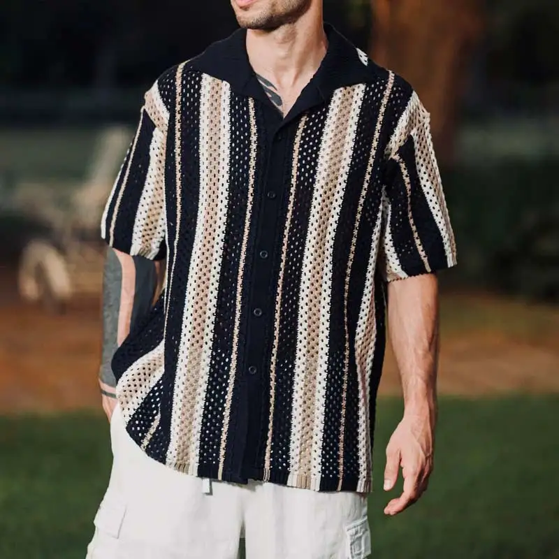 Striped Open-Knit Short Sleeve Shirt