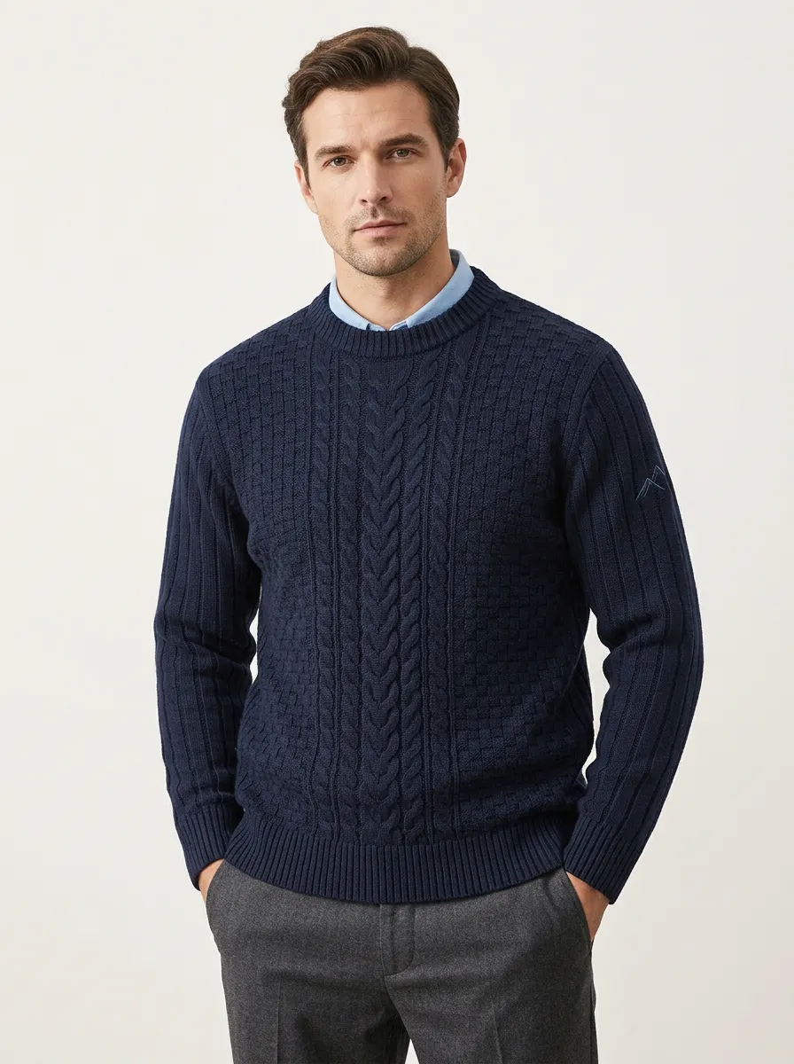 Men's Navy Mountain Graphic Embroidered Knit Sweater