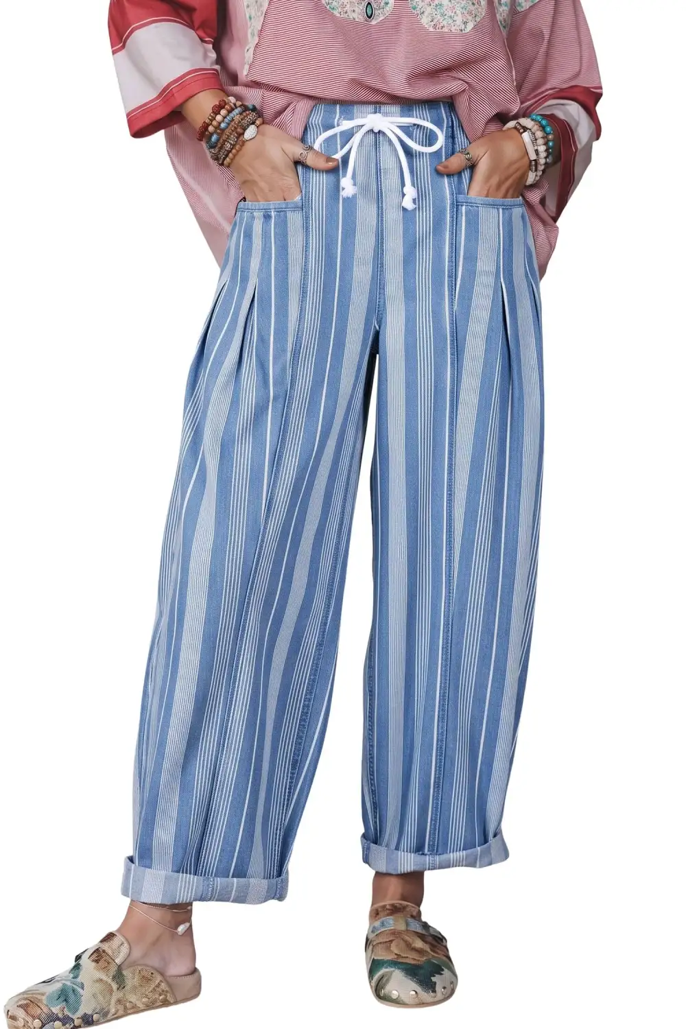 Women's Stripe High Waist Wide Leg Lace Up Barrel Jeans