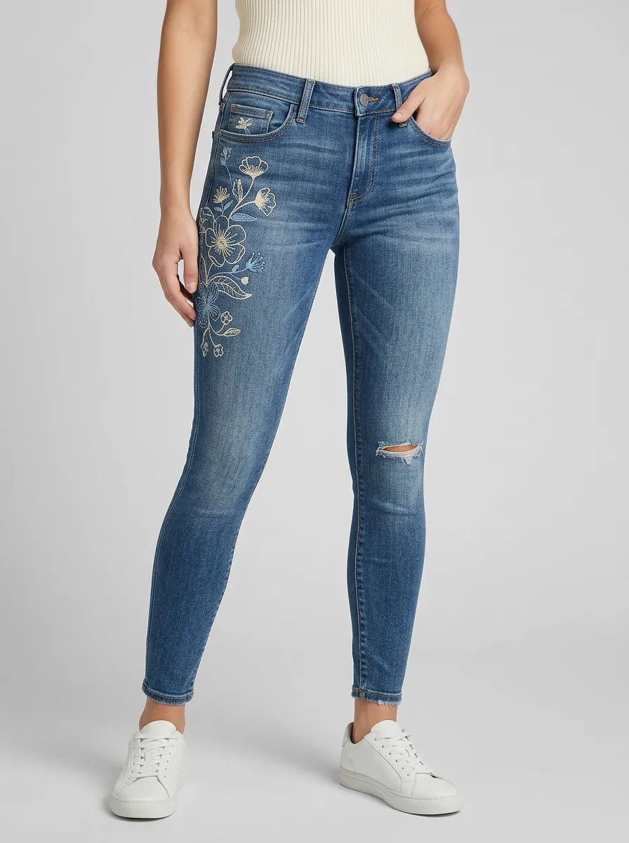 Women's Willow Floral Embroidered Distressed Slim Jeans