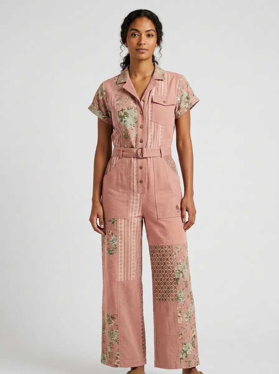 Women's Vintage Floral Patchwork Graphic Jumpsuit