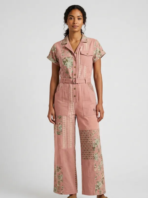 Women's Vintage Floral Patchwork Graphic Jumpsuit