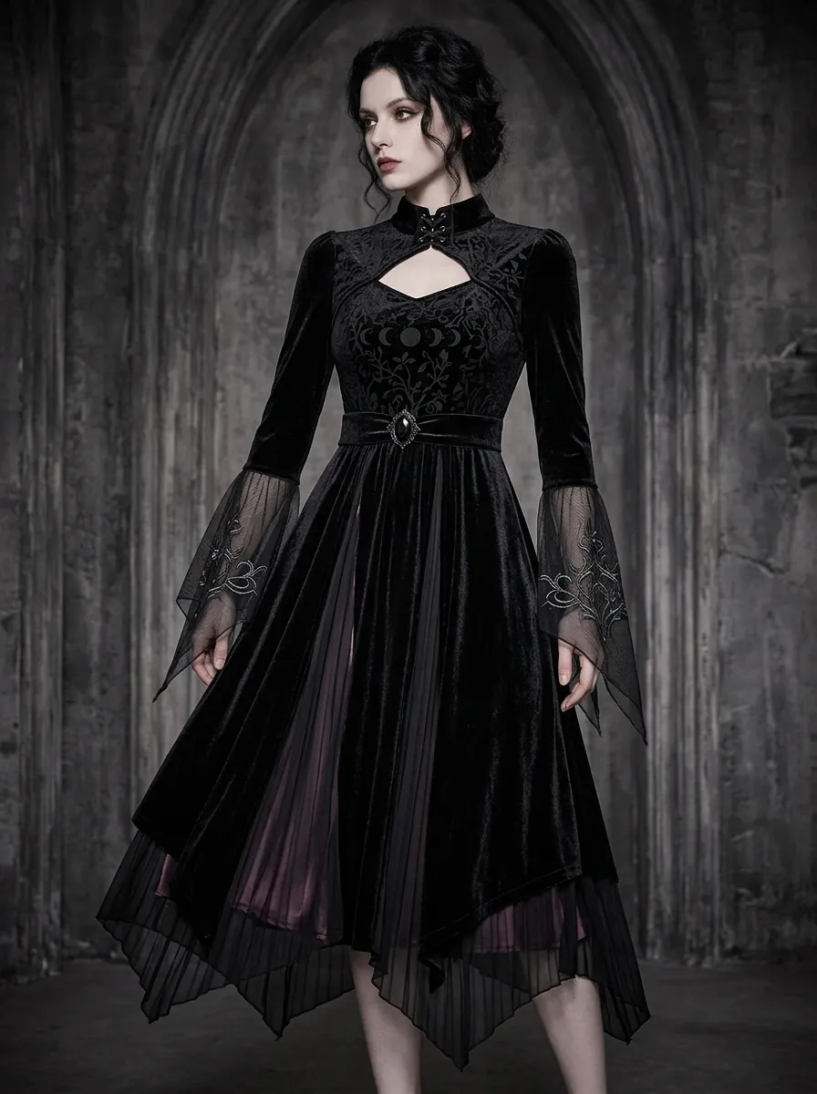 Punk Moon Floral Velvet Street Look Women's Gothic Dress