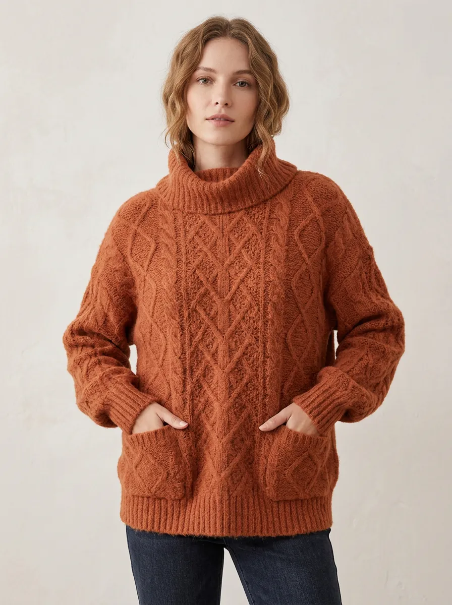 Women's Rust Cable Knit Patterned Pocketed Turtleneck Sweater