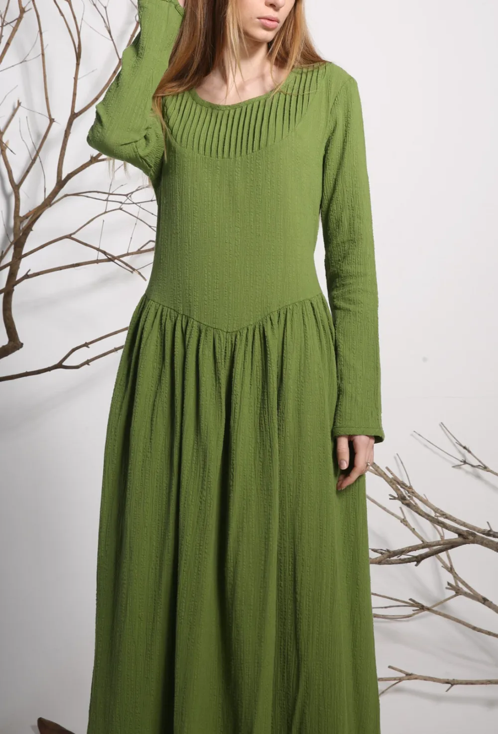 Tailored Linen Pleated Long Sleeve Maxi Dress