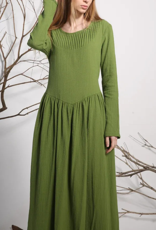 Tailored Linen Pleated Long Sleeve Maxi Dress