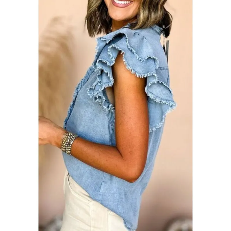 Button-Down Raw-Hem Ruffled Denim Shirt