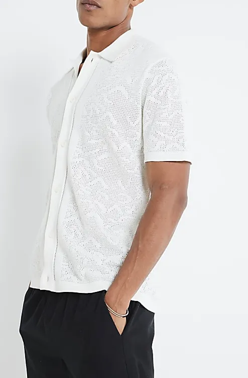 Men's White Fashion Pattern Knit Short Sleeve Shirt