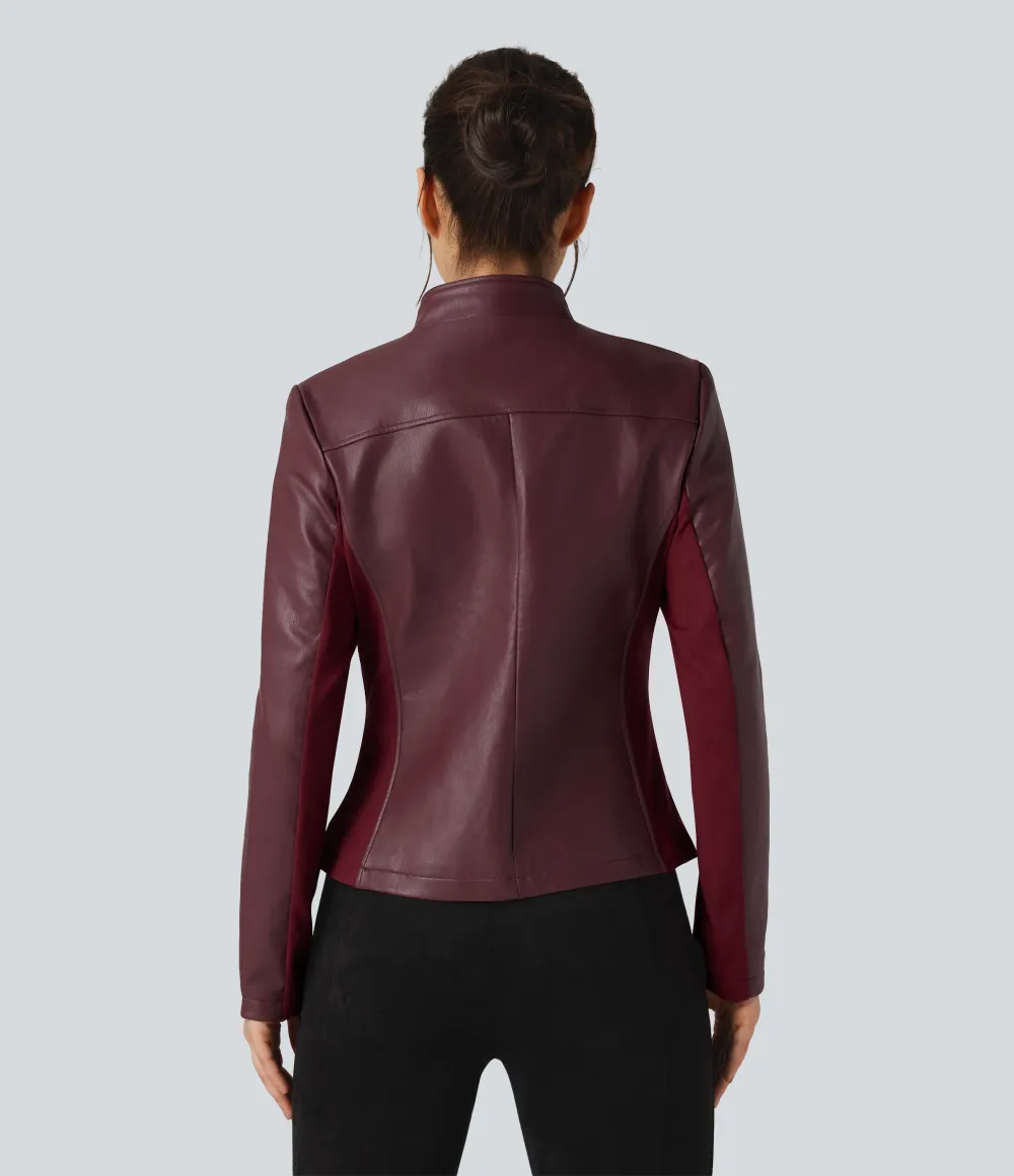 Stand Collar Zipper Long Sleeve Fleece Casual PU Faux Leather Jacket with Pockets