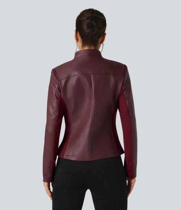 Stand Collar Zipper Long Sleeve Fleece Casual PU Faux Leather Jacket with Pockets