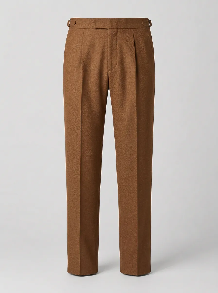 Men's Classic Brown Wool Pleated Side-Adjuster Trousers