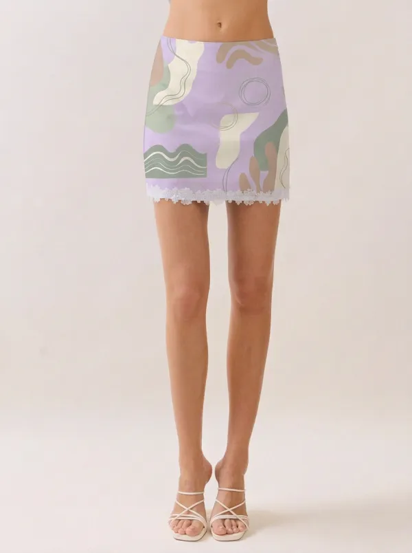 Women's Aesthetic Abstract Art Lace Trim Printed Mini Skirt