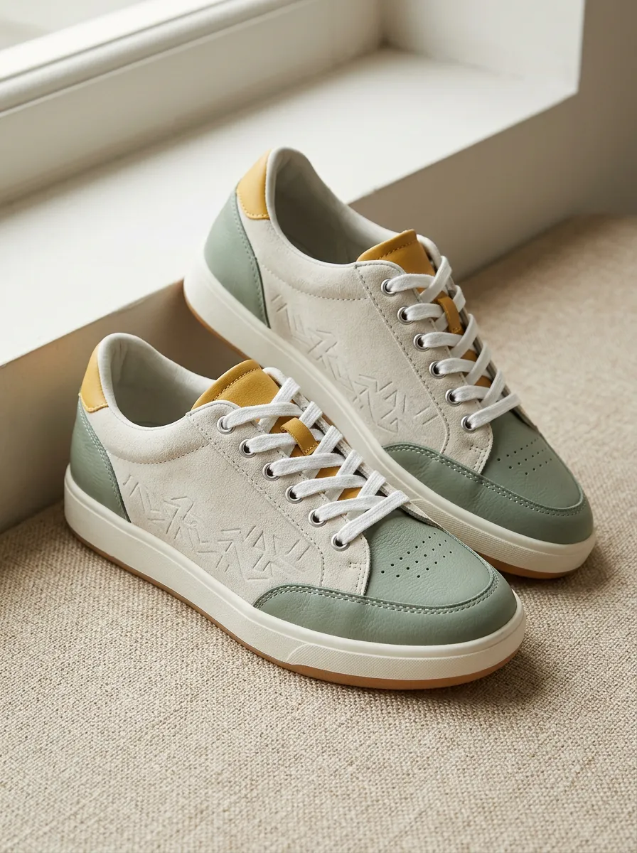Women's Sage Green Geometric Embossed Printed Sneakers
