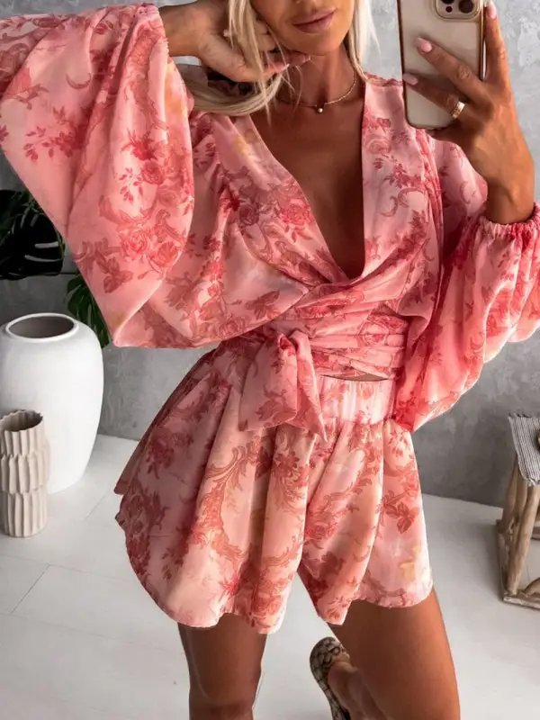 Woven Floral Long Sleeved V Neck Shorts