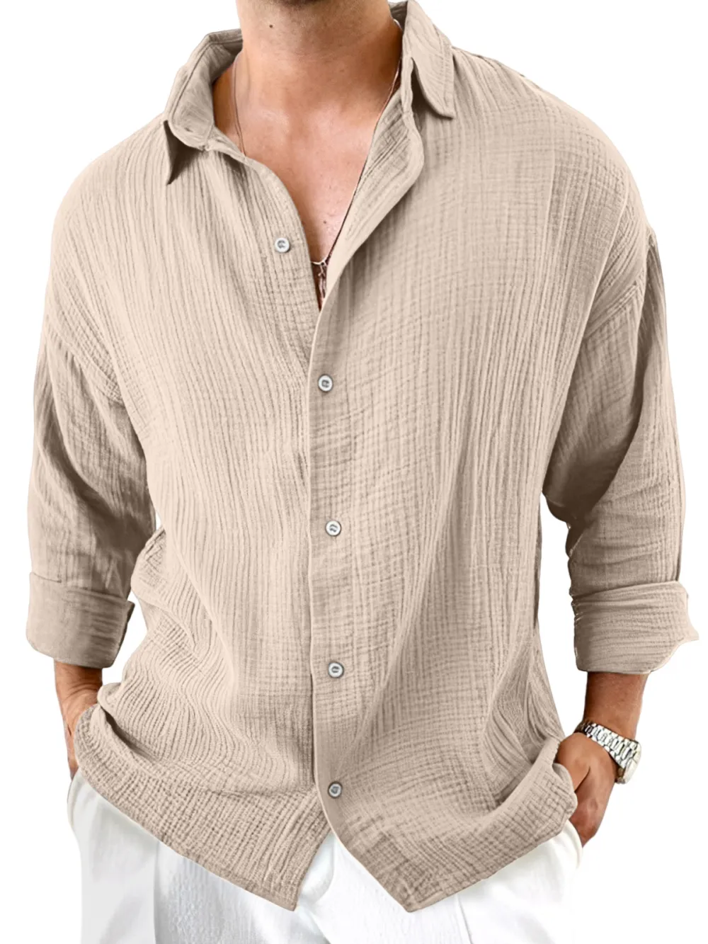 Roomy Long Sleeve Camp Collar Pleated Front Shirt