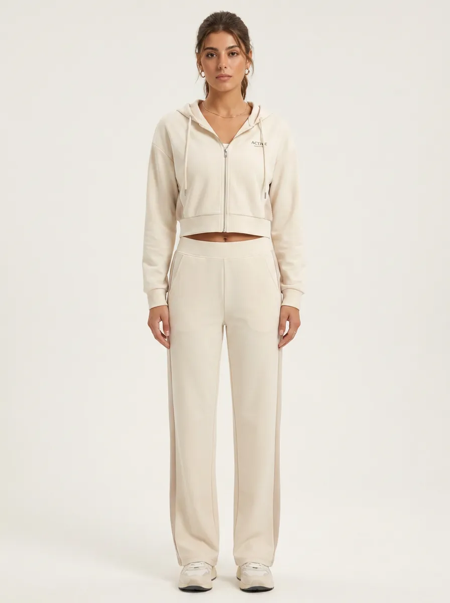 Women's Activewear Beige Cropped Zip Hoodie Wide Leg Printed Tracksuit Set