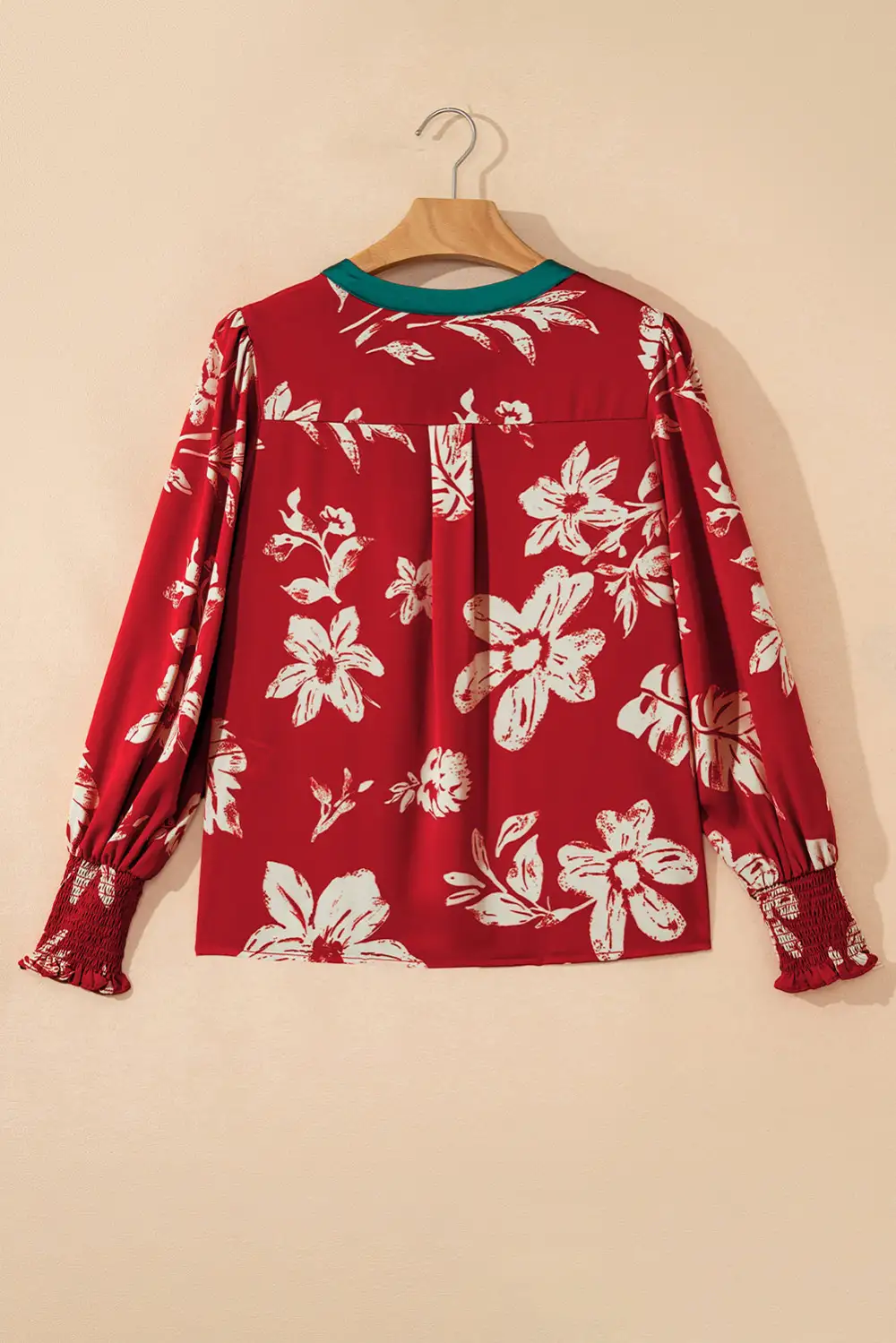 Women's Flower Motif Puff Sleeve Tie Neck Top