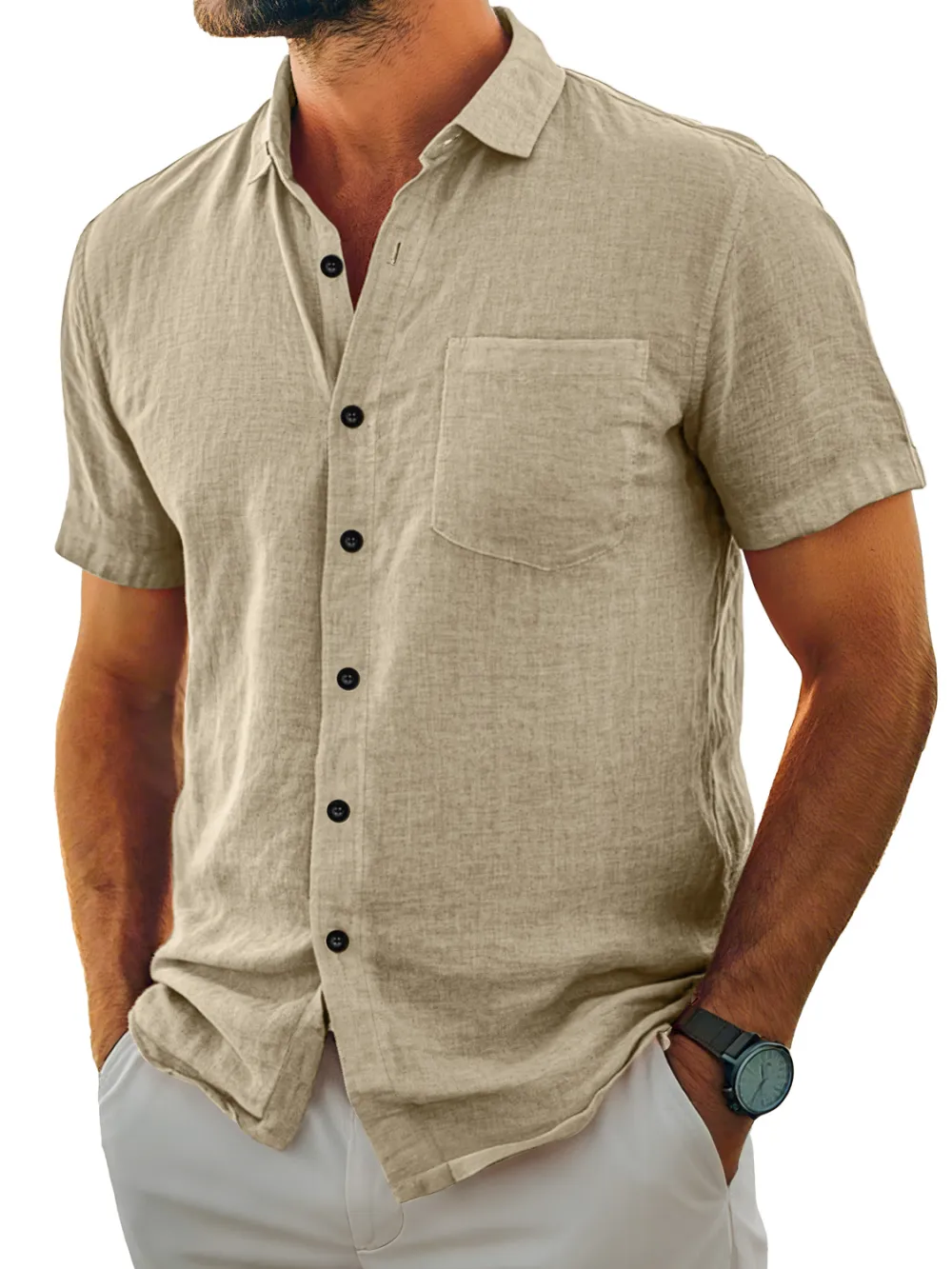 Clean Line Short Sleeve Open Collar Pocket Shirt