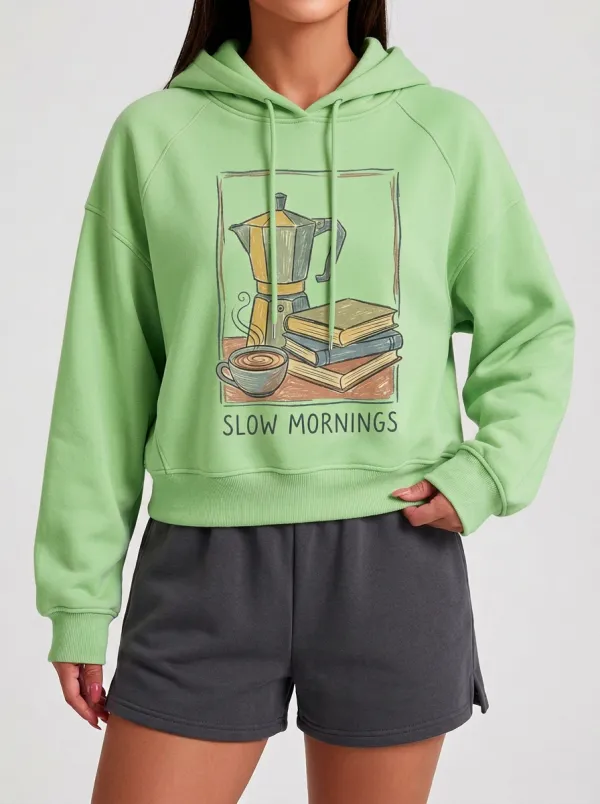 Women's Coffee Book-Inspired Slow Mornings Printed Hoodie