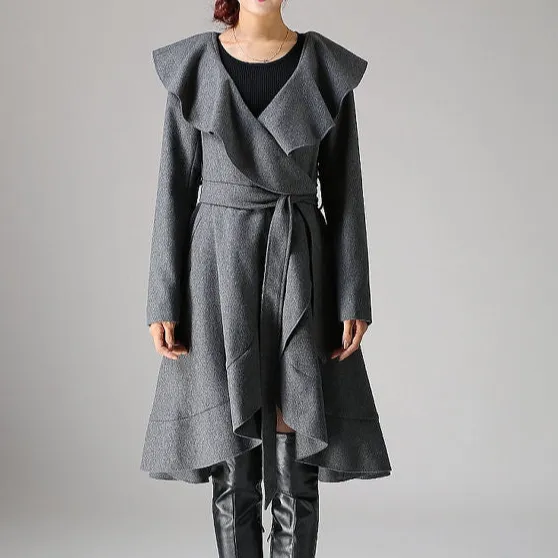 Wool Blend Oversized Belted Lantern Sleeve Coat