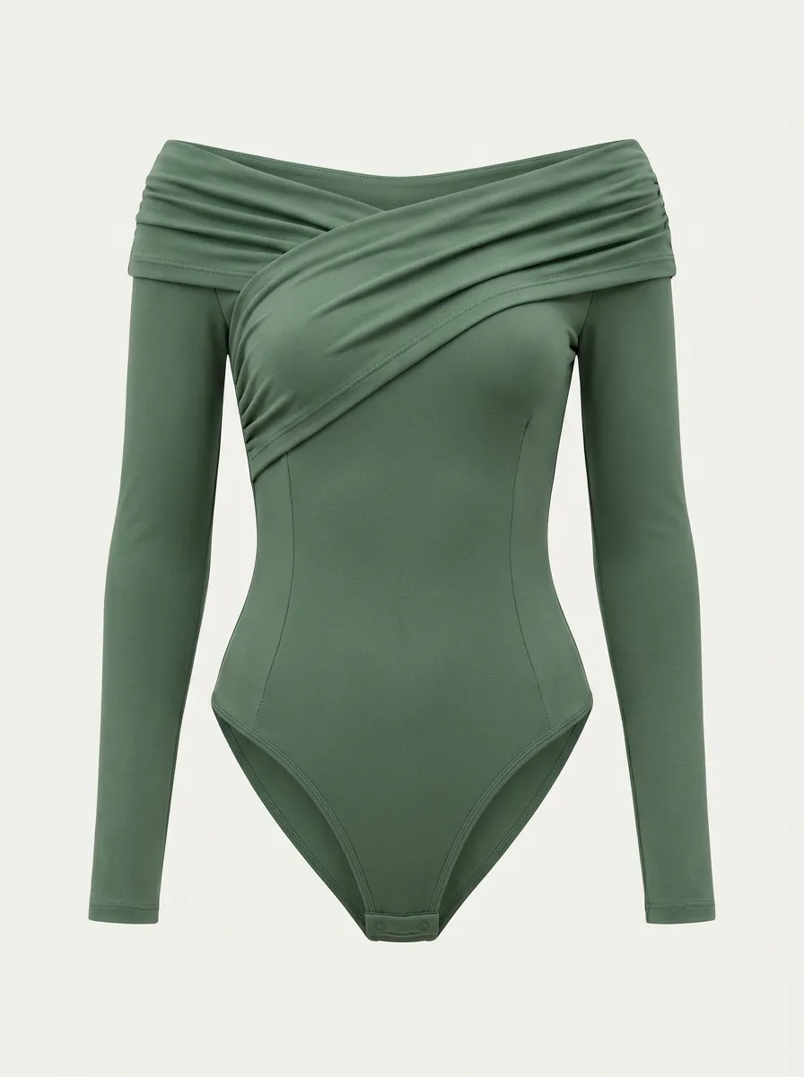Women's Olive Green Off-Shoulder Cross-Front Long Sleeve Bodysuit