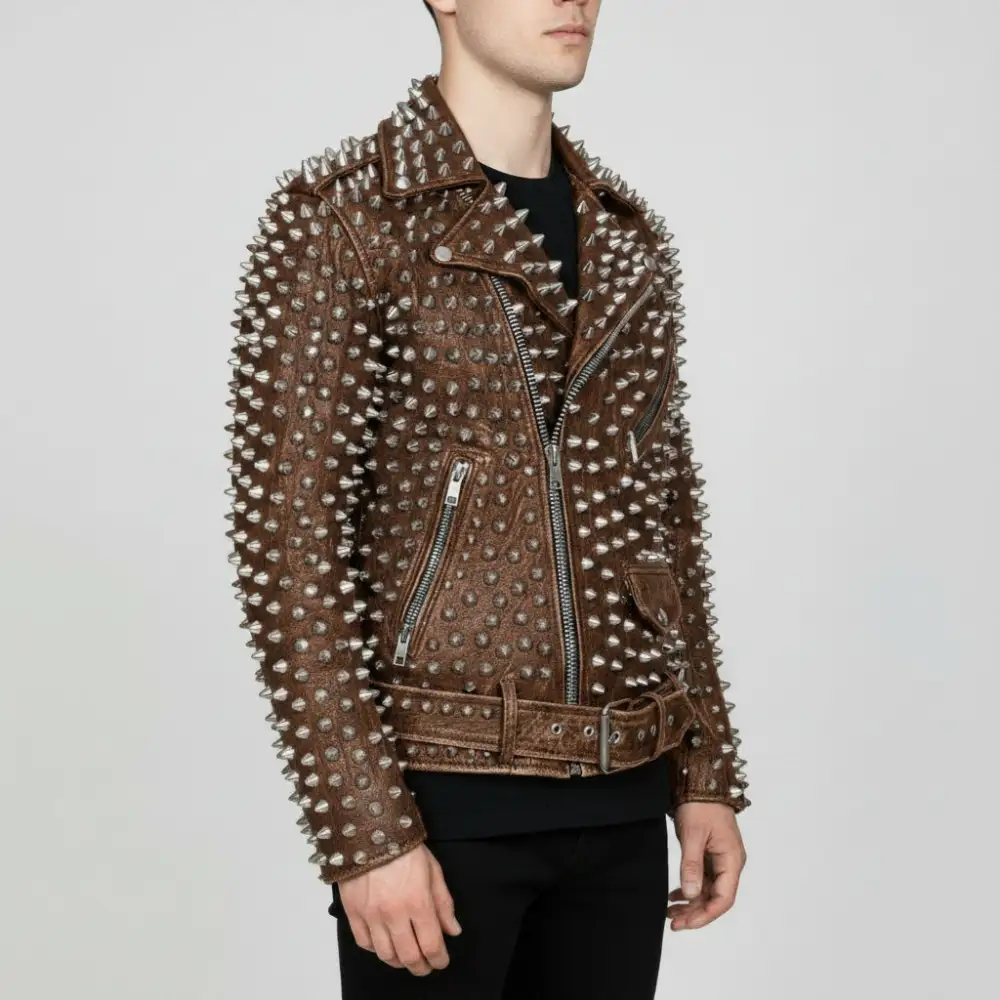Classic Cowhide Biker Studded Belted Jacket