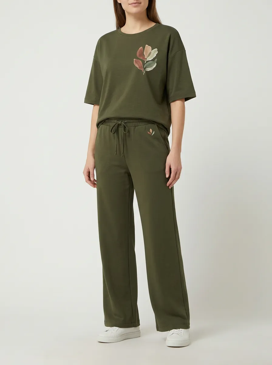 Women's Watercolor Leaf Embroidered Crewneck T-Shirt and Wide-Leg Pants Set