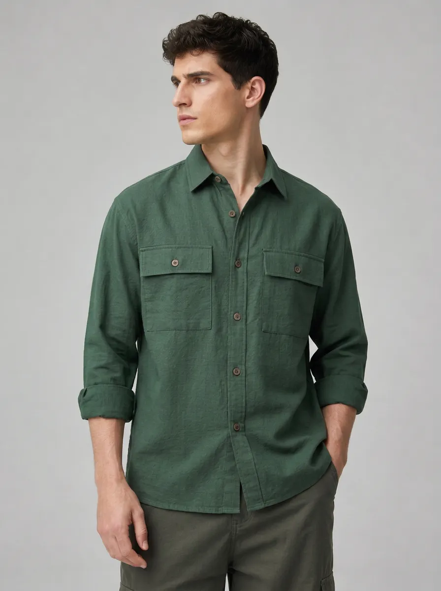 Men's Casual Breathable Green Double Pocket Button Down Shirt