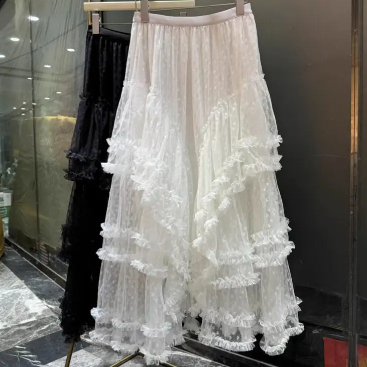 Structured A-Line Lace Mesh Midi Skirt