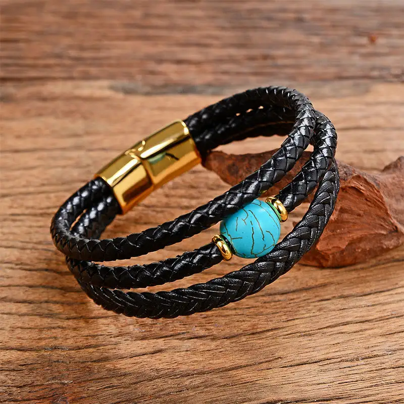 Bead Tiger Eye Amethyst Craved Leather Bracelet