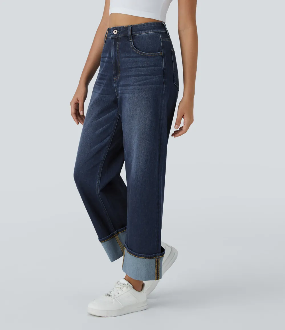 Magic High Waisted Multiple Pockets Rolled Hem Wide Leg Washed Stretchy Knit Casual Jeans