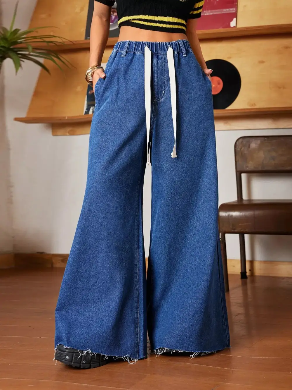 Wide Leg Ripped Drawstring Denim Jeans