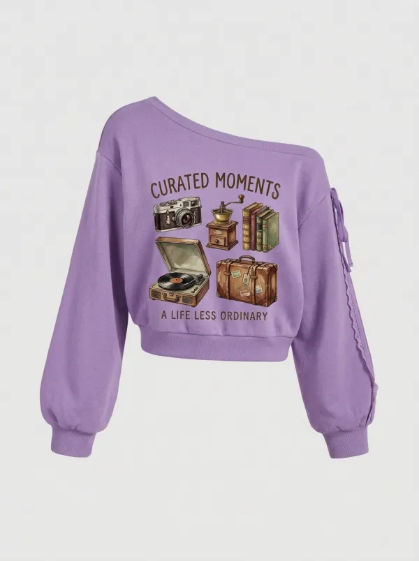 Women's Vintage Aesthetic Curated Moments Camera Record Player Printed Sweatshirt