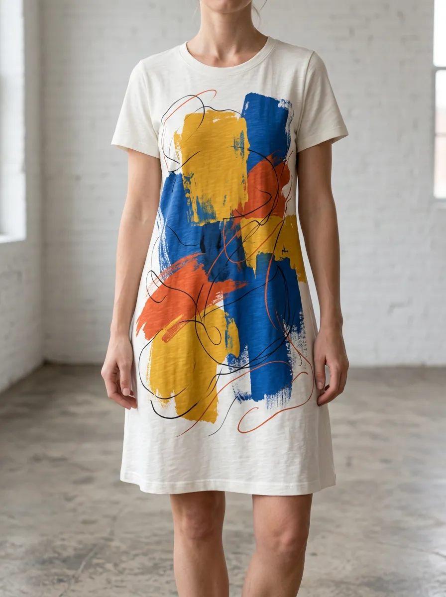 Women's Abstract Art Colorful Brushstroke Printed T-shirt Dress