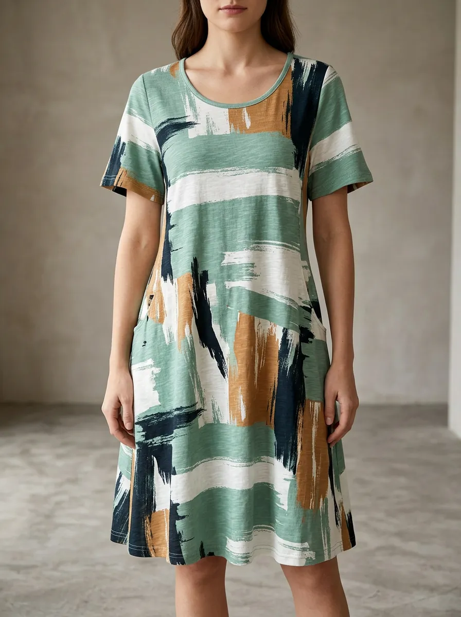Women's Abstract Art Green Brown Brushstroke Printed Dress