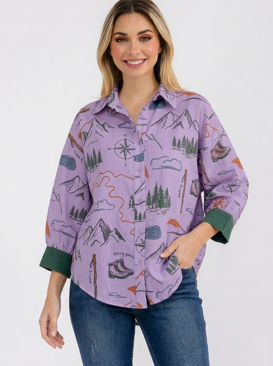 Women's Hiking Adventure Mountain Compass Printed Button-up Shirt