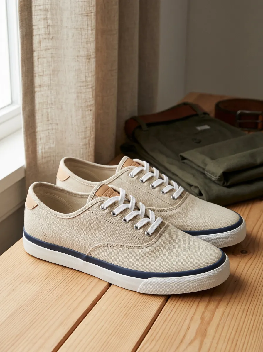 Men's Casual Beige Canvas Navy Trim Printed Shoes