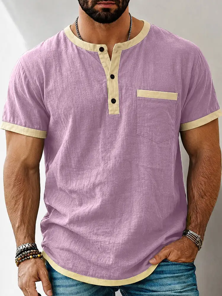 S Contrast Trim Henley Short Sleeve Shirt Cotton Linen