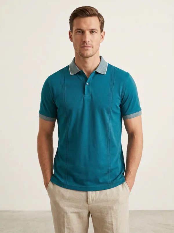 Men's Smart-Casual Grey Vertical Striped Contrast Collar Polo Shirt