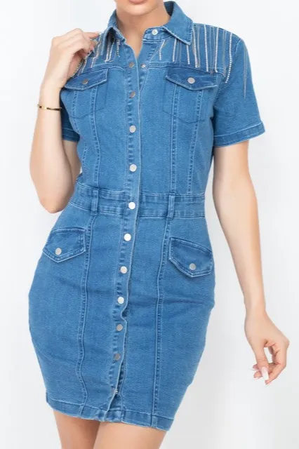 Rhinestone Accent Denim Mini Dress