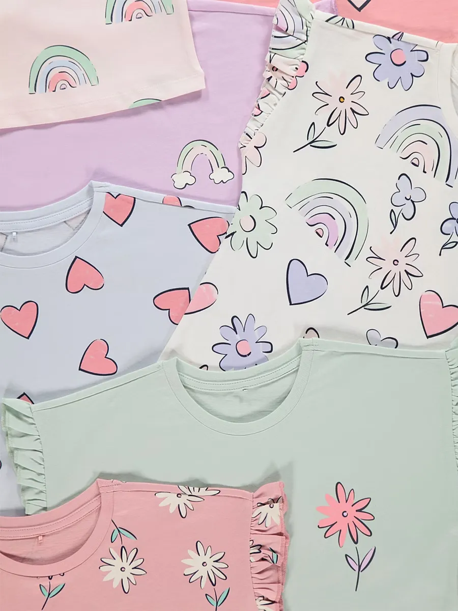 Pastel Hearts and Flowers Frill Sleeve Tops 7 Pack