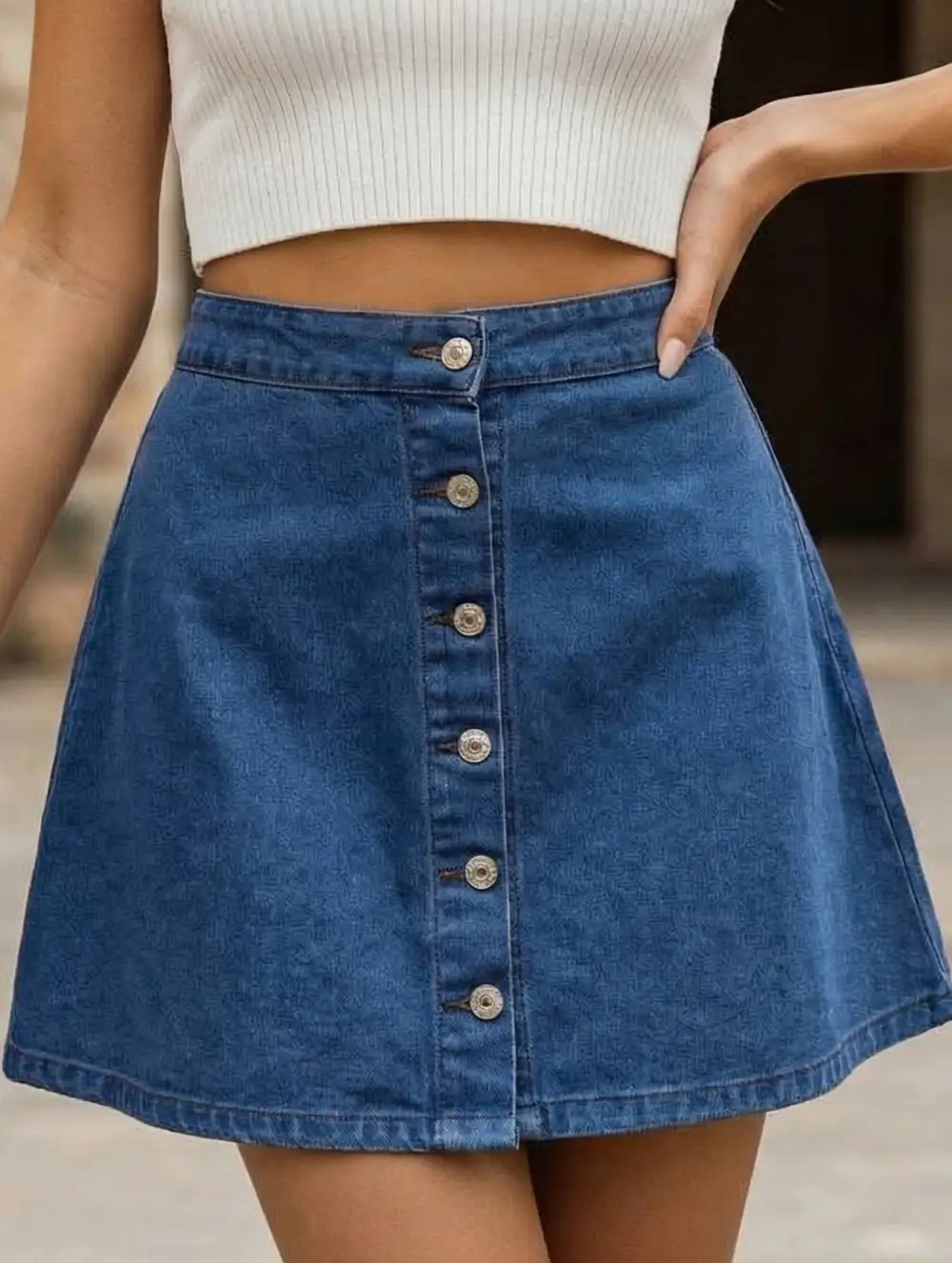 Denim Washed Button Front A-Line Mini Skirt