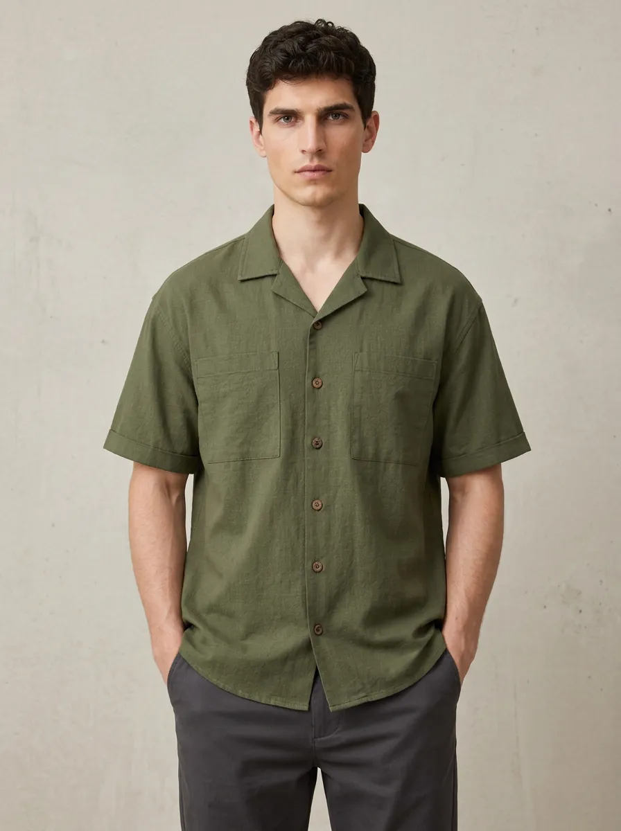 Men's Casual Summer Olive Green Breathable Linen Button-Down Shirt