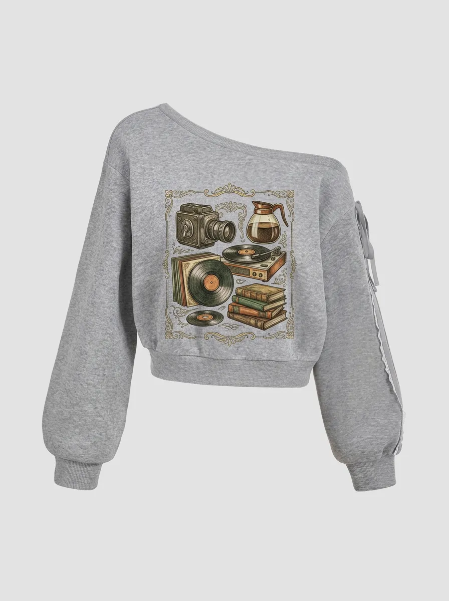 Women's Vintage Camera Vinyl Books Coffee Graphic Off-Shoulder Sweatshirt