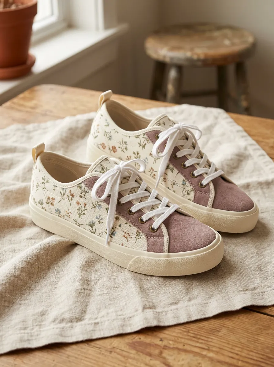 Women's Vintage Floral Pattern Suede Trimmed Printed Sneakers