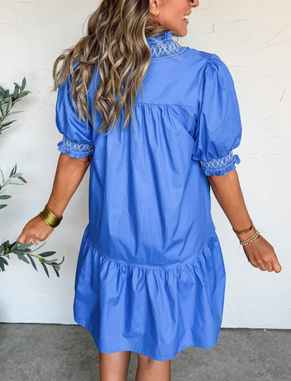 Sky Embroidered Smocked Detail V Neck Short Puff Sleeve Mini Dress