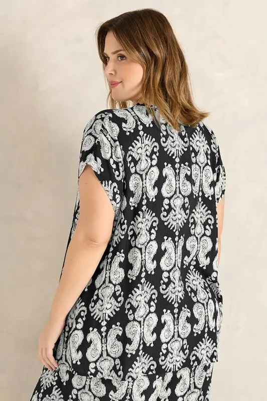 Black Abstract Print Frill Neck Blouse